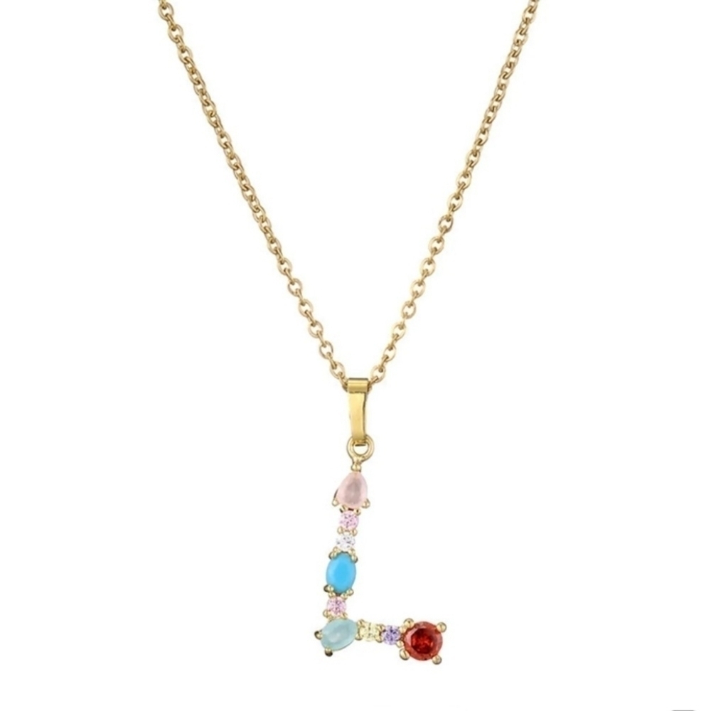 L Letter Pendant Necklace Multi-color Rhinestones Gold Tone Chain - Picture 14 of 16